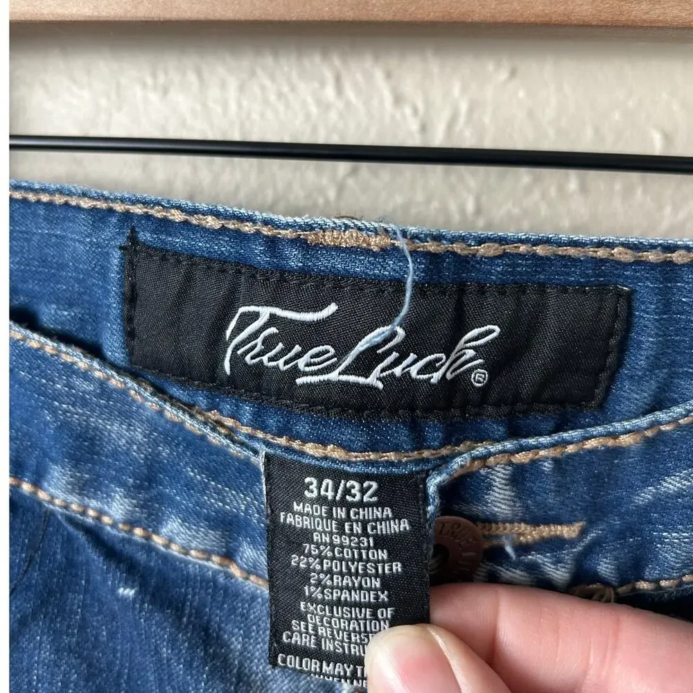 Y2K True Luck Jeans Men’s Size 34x32 Straight Leg Medium Wash Whiskering Pants